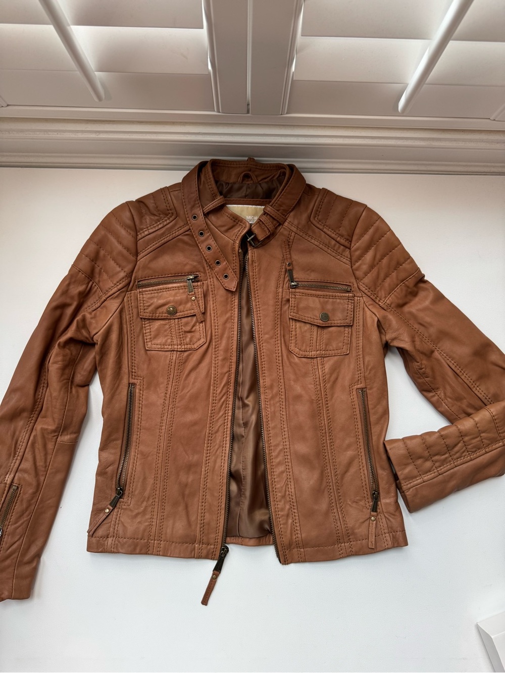 MICHAEL Michael Kors Brown Genuine Leather Moto Jacket Women’s Small